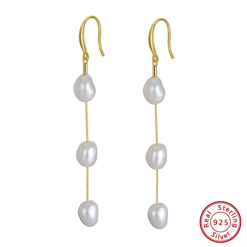 Triple Freshwater Pearl Chain Drop Earrings – image 6