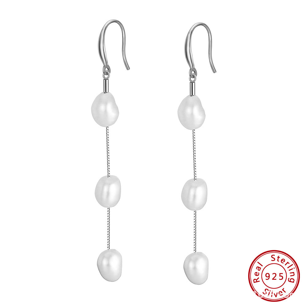 Triple Freshwater Pearl Chain Drop Earrings – image 7