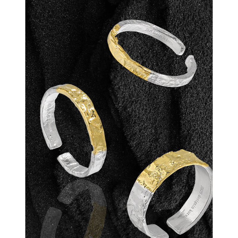 Two-Tone Raw Texture Open Band Ring – wholesale silver rings